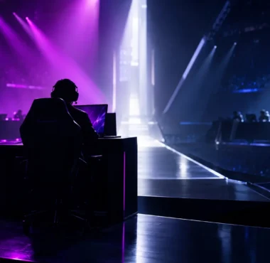Esports arena stage illustrating contrasting Shanghai quarter-final victories for G2 and Vitality