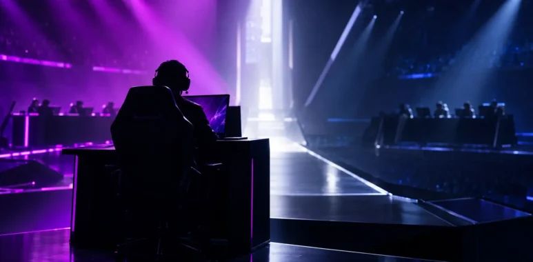 Esports arena stage illustrating contrasting Shanghai quarter-final victories for G2 and Vitality