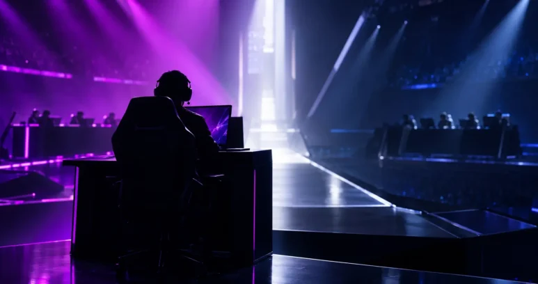 Esports arena stage illustrating contrasting Shanghai quarter-final victories for G2 and Vitality
