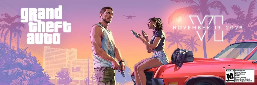 Arte oficial de Grand Theft Auto VI apresentando os protagonistas Jason e Lucia. Lucia está sentada no capô de um carro vermelho com buracos de bala, segurando uma arma e uma revista, enquanto Jason está por perto segurando uma arma de fogo, contra um fundo de pôr do sol tropical com palmeiras e um hidroavião voando no alto.