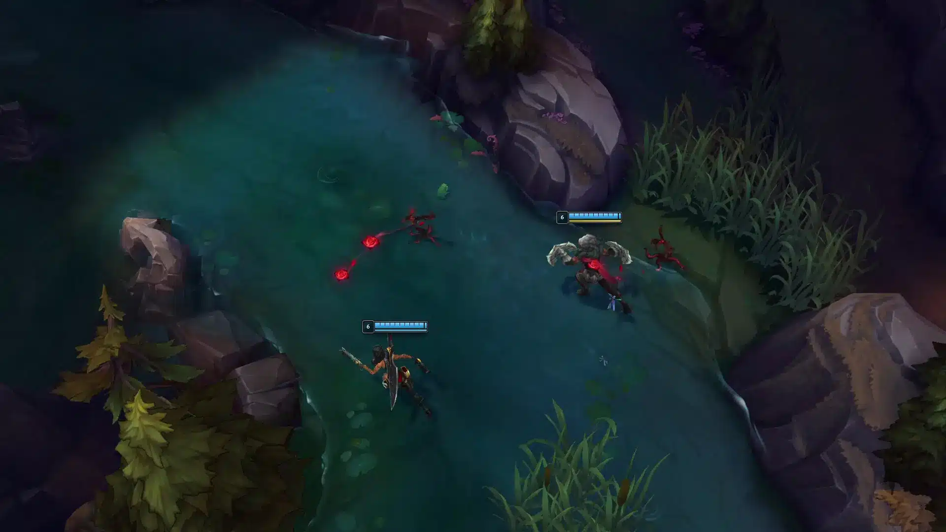 Imagens de jogo de League of Legends mostrando personagens em um ambiente fluvial.