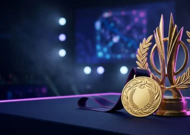 Gold esports medal on a championship stage representing South Korea’s five-medal Asian Games haul