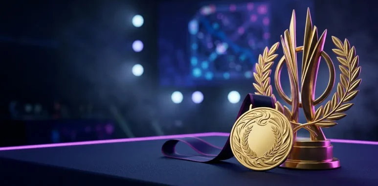Gold esports medal on a championship stage representing South Korea’s five-medal Asian Games haul