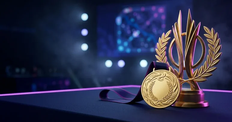 Gold esports medal on a championship stage representing South Korea’s five-medal Asian Games haul