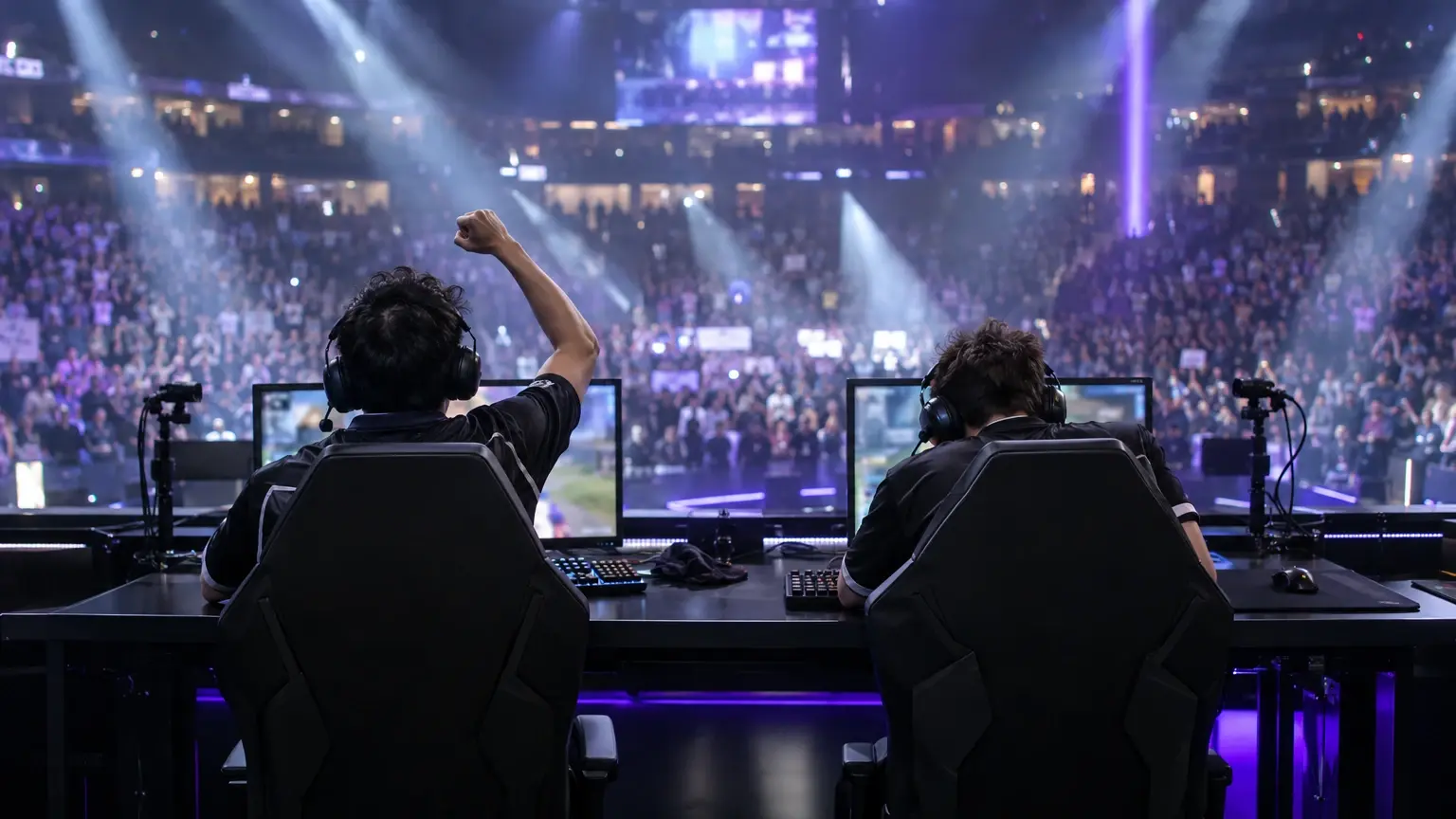 Jogadores de esportes comemoram atrás de seus monitores em uma arena de campeonato lotada