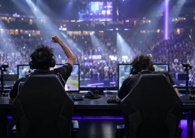 Esports players celebrate behind their monitors on a packed championship arena stage
