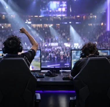 Esports players celebrate behind their monitors on a packed championship arena stage