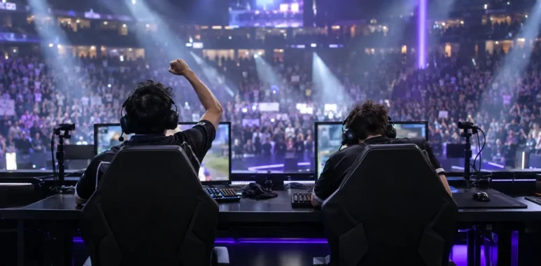 Esports players celebrate behind their monitors on a packed championship arena stage