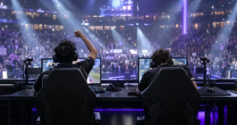 Esports players celebrate behind their monitors on a packed championship arena stage