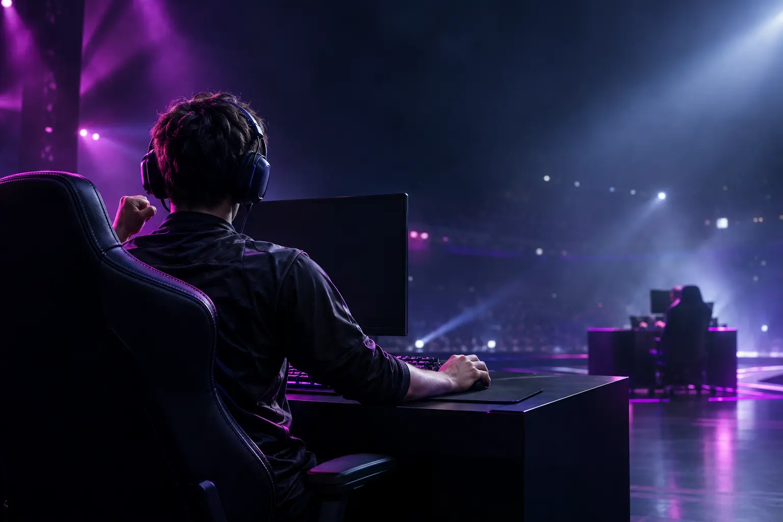 Jogador de esportes eletrônicos em um palco escuro de torneio após uma vitória nos playoffs, com iluminação violeta sugerindo uma revanche de alto risco.