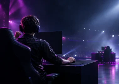 Esports player on a dark tournament stage after a playoff victory, with violet lighting suggesting a high-stakes rematch.