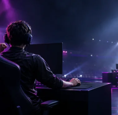 Esports player on a dark tournament stage after a playoff victory, with violet lighting suggesting a high-stakes rematch.