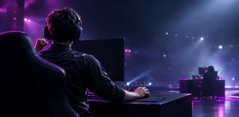 Esports player on a dark tournament stage after a playoff victory, with violet lighting suggesting a high-stakes rematch.