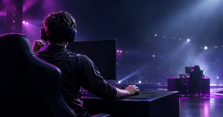 Esports player on a dark tournament stage after a playoff victory, with violet lighting suggesting a high-stakes rematch.