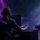 Esports player on a dark tournament stage after a playoff victory, with violet lighting suggesting a high-stakes rematch.