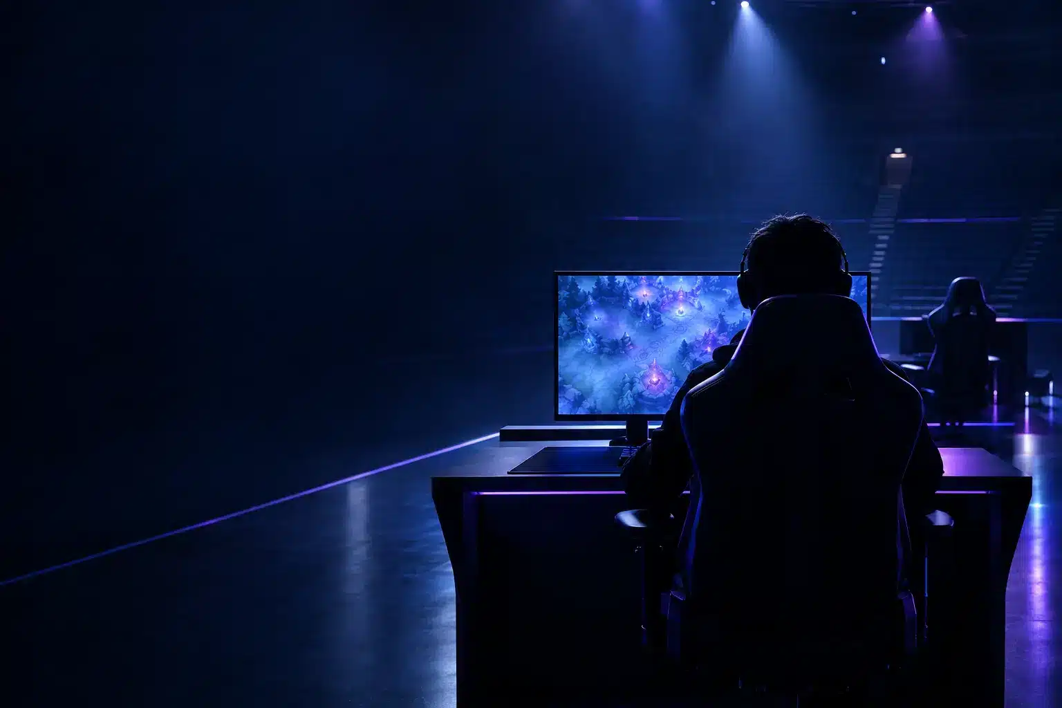 Jogador anônimo de esportes eletrônicos em uma estação de trabalho Dota 2 brilhante durante uma transição de escalação de equipe