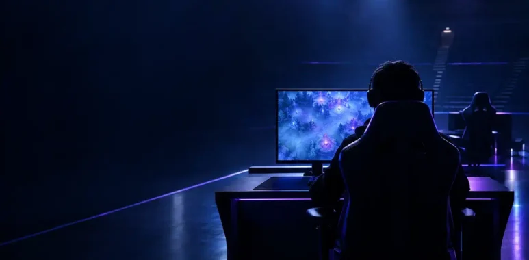 Anonymous esports player at a glowing Dota 2 workstation during a team roster transition