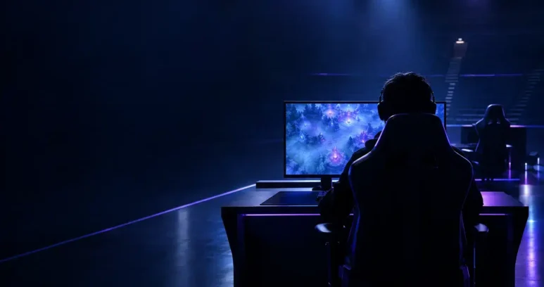 Anonymous esports player at a glowing Dota 2 workstation during a team roster transition