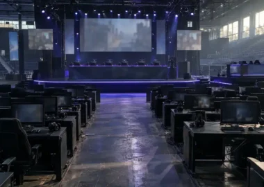 Empty esports tournament venue with unbranded player stations and a central stage