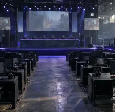 Empty esports tournament venue with unbranded player stations and a central stage