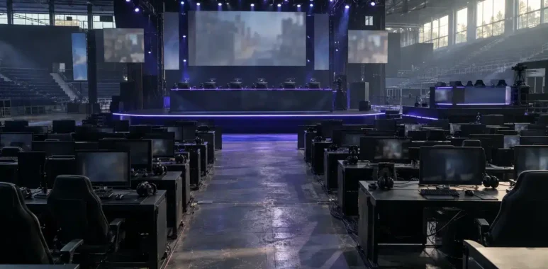 Empty esports tournament venue with unbranded player stations and a central stage