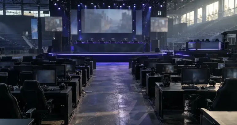Empty esports tournament venue with unbranded player stations and a central stage