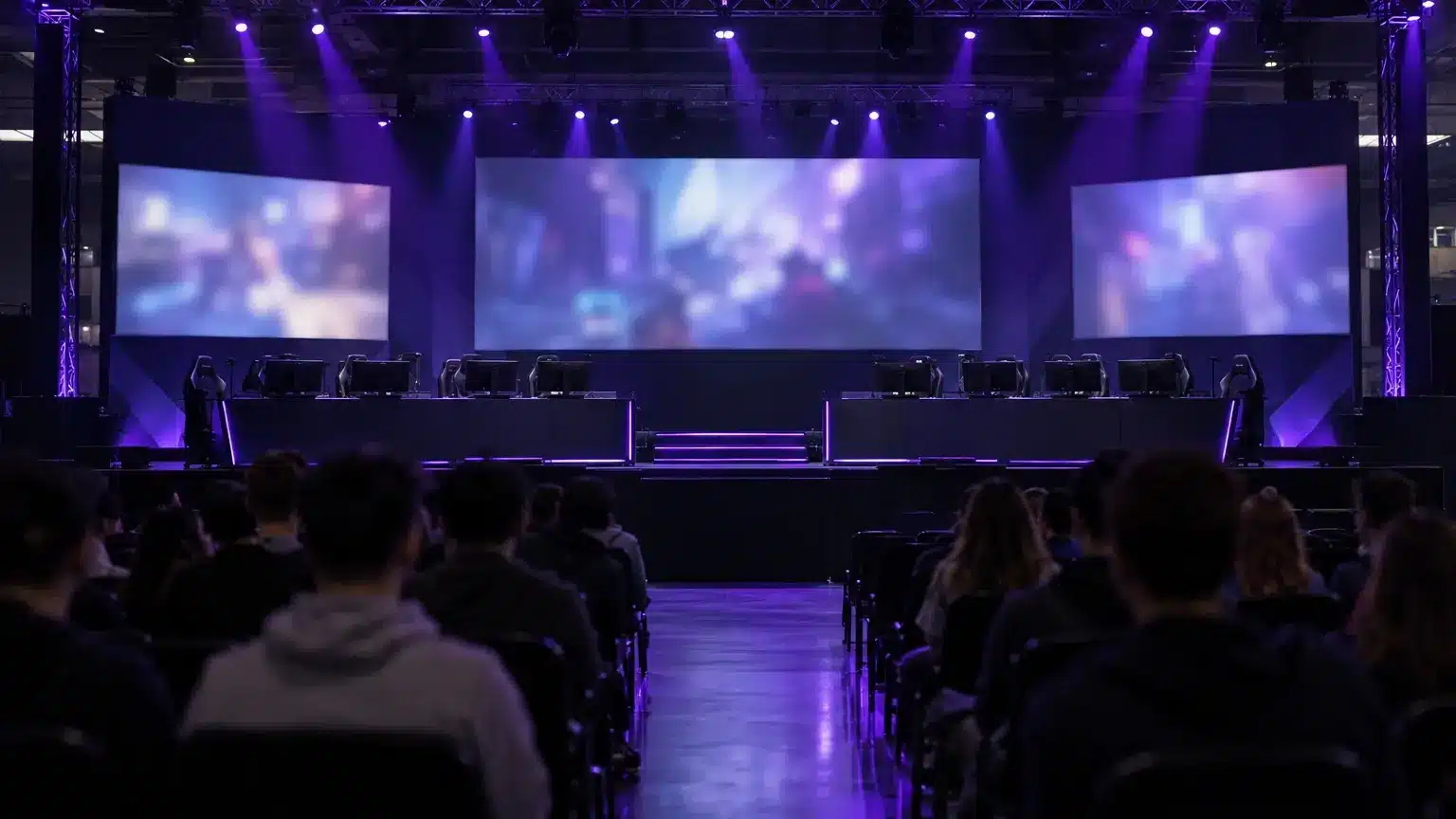 Um palco de arena de esportes eletrônicos com mesas de jogadores preparadas para um torneio profissional