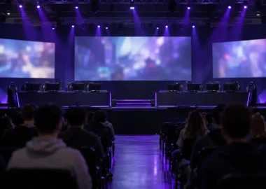 An esports arena stage with player desks prepared for a professional tournament
