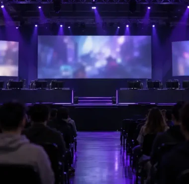 An esports arena stage with player desks prepared for a professional tournament