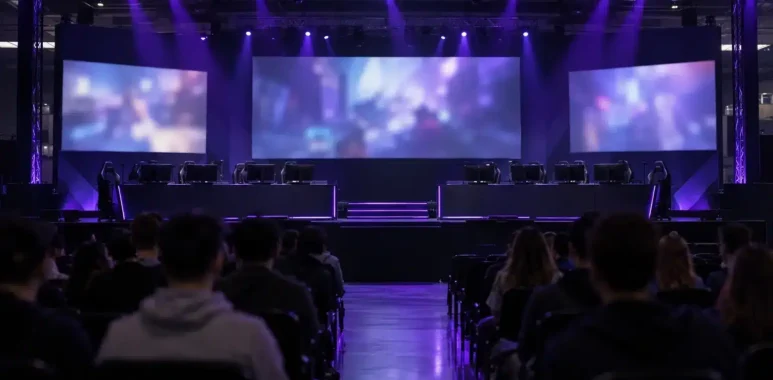 An esports arena stage with player desks prepared for a professional tournament