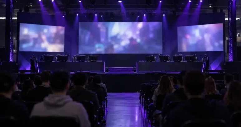 An esports arena stage with player desks prepared for a professional tournament