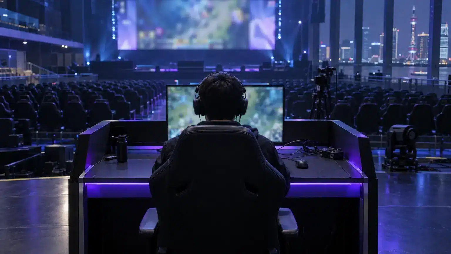 Arena vazia de esportes eletrônicos de Xangai com um concorrente visto por trás em uma estação de jogos sem marca