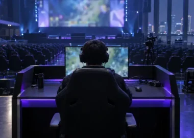 Empty Shanghai esports arena with a competitor seen from behind at an unbranded gaming station