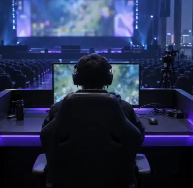 Empty Shanghai esports arena with a competitor seen from behind at an unbranded gaming station