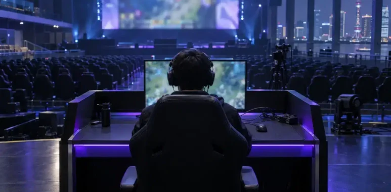 Empty Shanghai esports arena with a competitor seen from behind at an unbranded gaming station