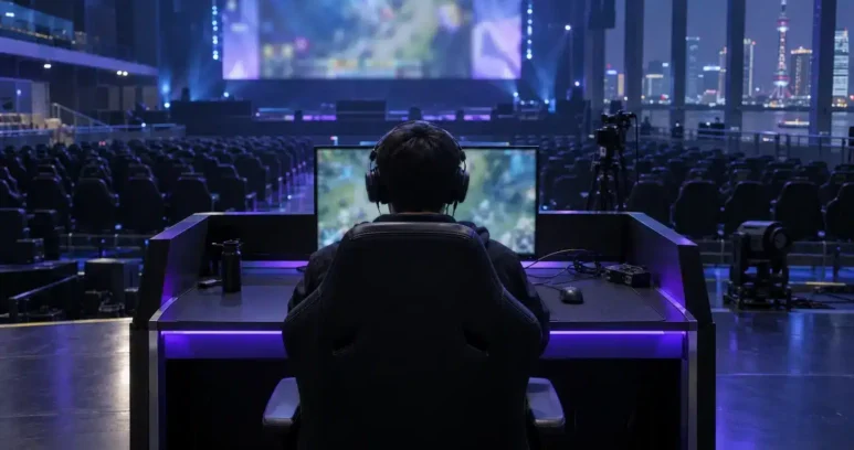 Empty Shanghai esports arena with a competitor seen from behind at an unbranded gaming station