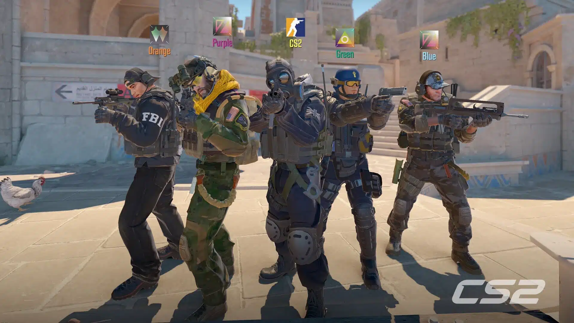 Um grupo de agentes do Counter-Strike 2 em um ambiente externo ensolarado.