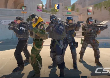 A group of Counter-Strike 2 operatives standing in a sunny outdoor environment.