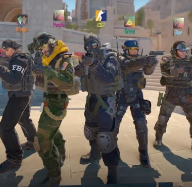 A group of Counter-Strike 2 operatives standing in a sunny outdoor environment.