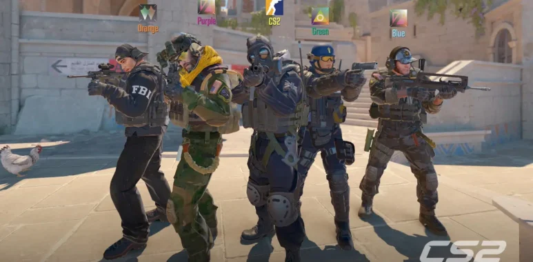 A group of Counter-Strike 2 operatives standing in a sunny outdoor environment.