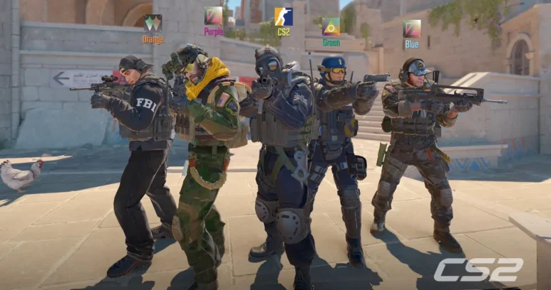 A group of Counter-Strike 2 operatives standing in a sunny outdoor environment.