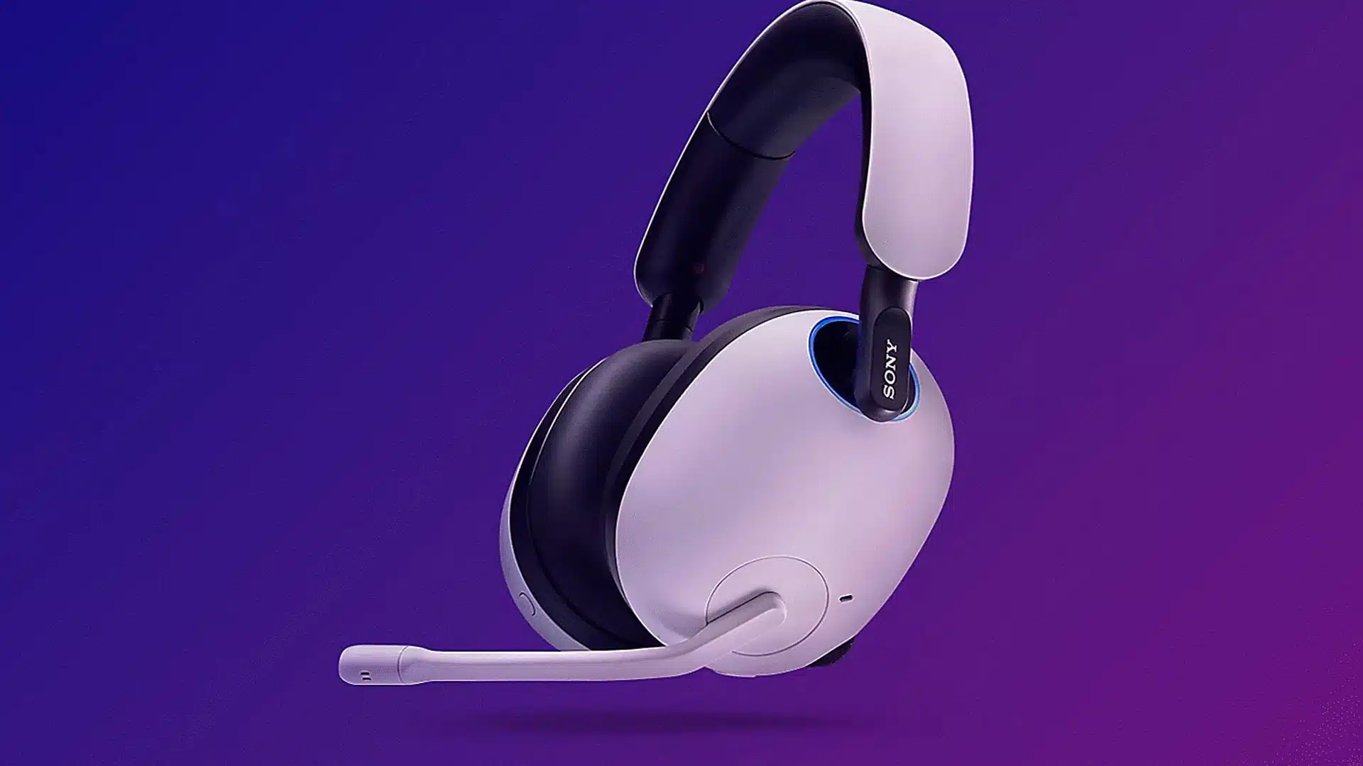 Um headset para jogos Sony INZONE branco e preto contra um fundo gradiente roxo.