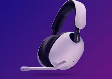 A white and black Sony INZONE gaming headset against a purple gradient background.