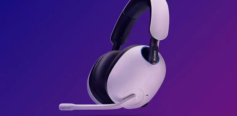 A white and black Sony INZONE gaming headset against a purple gradient background.