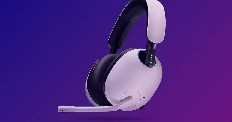 A white and black Sony INZONE gaming headset against a purple gradient background.