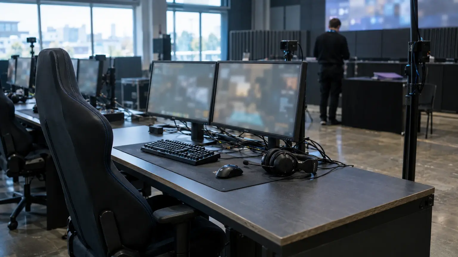 Estação de torneio de esportes eletrônicos vazia com monitores e equipamentos após uma decisão disciplinar