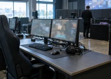 Empty esports tournament station with monitors and equipment after a disciplinary ruling