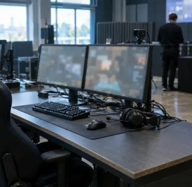 Empty esports tournament station with monitors and equipment after a disciplinary ruling