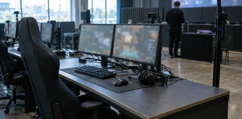 Empty esports tournament station with monitors and equipment after a disciplinary ruling