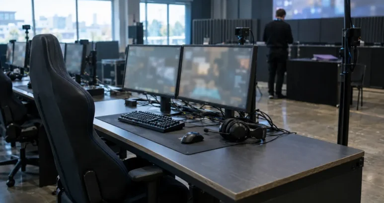 Empty esports tournament station with monitors and equipment after a disciplinary ruling